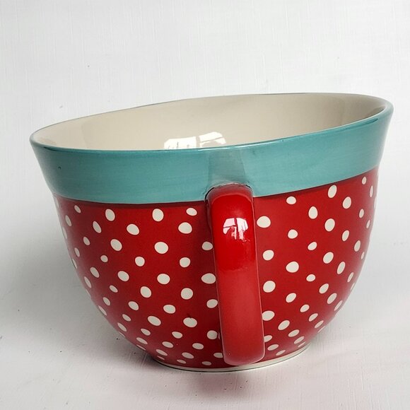 Pioneer Woman Batter Mixing Bowl Turquoise/Red Polka Dot Stoneware 2.83 QT Spout - Picture 2 of 7